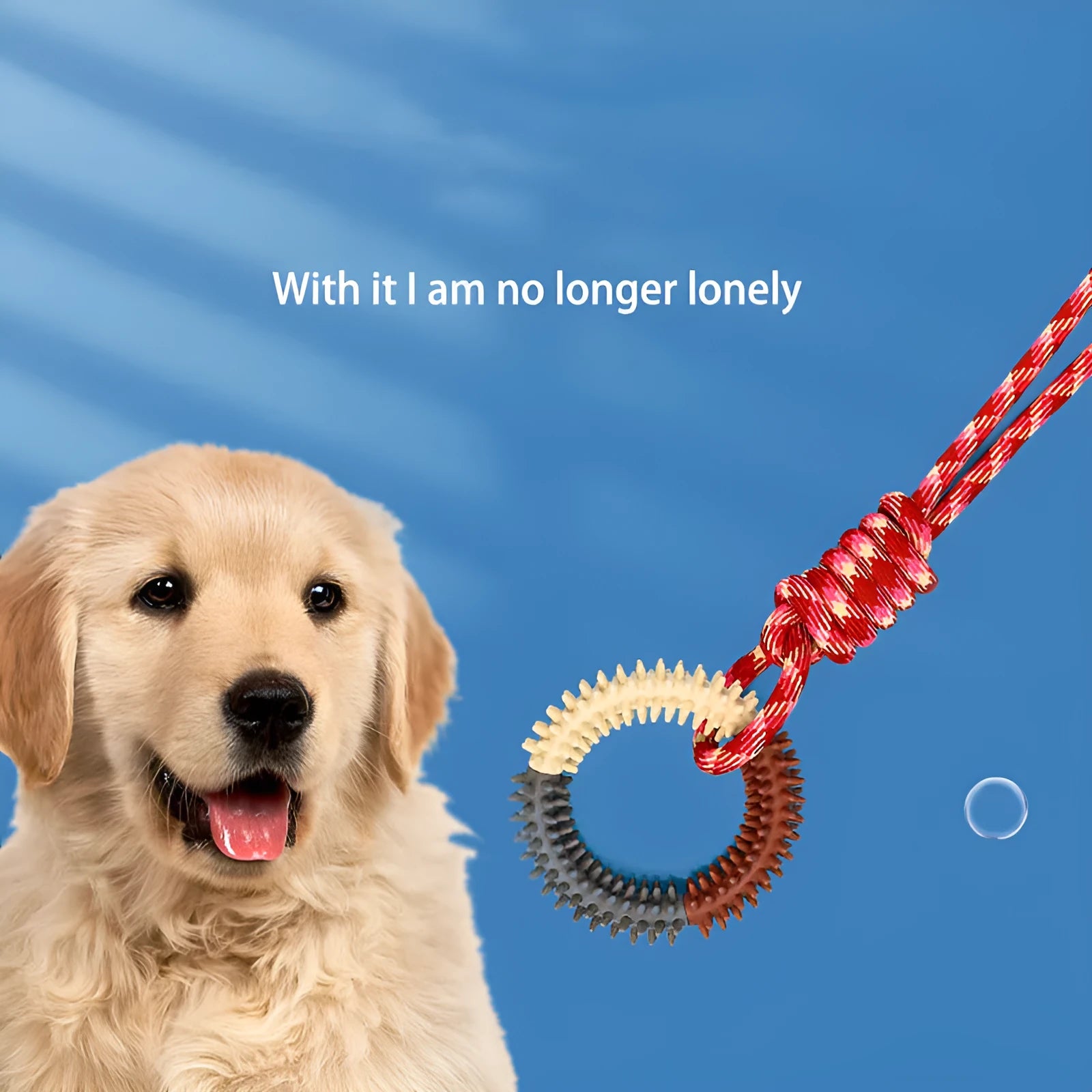 Blue braided rope dog chew toy with knots, measuring 43cm long