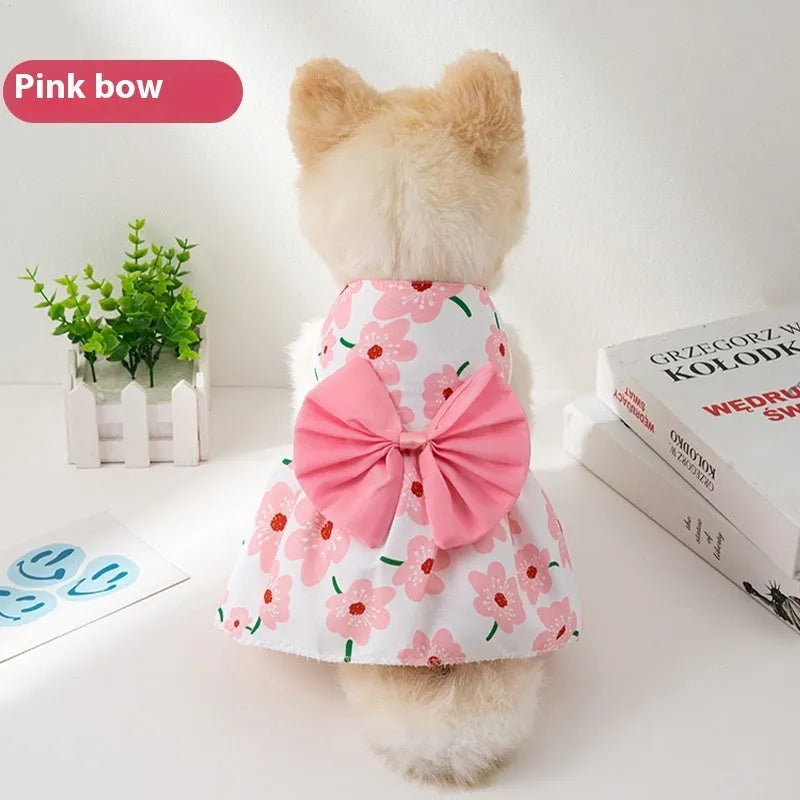 Ultra-thin polyester pet dress with floral butterfly knot design in multiple colour bow options