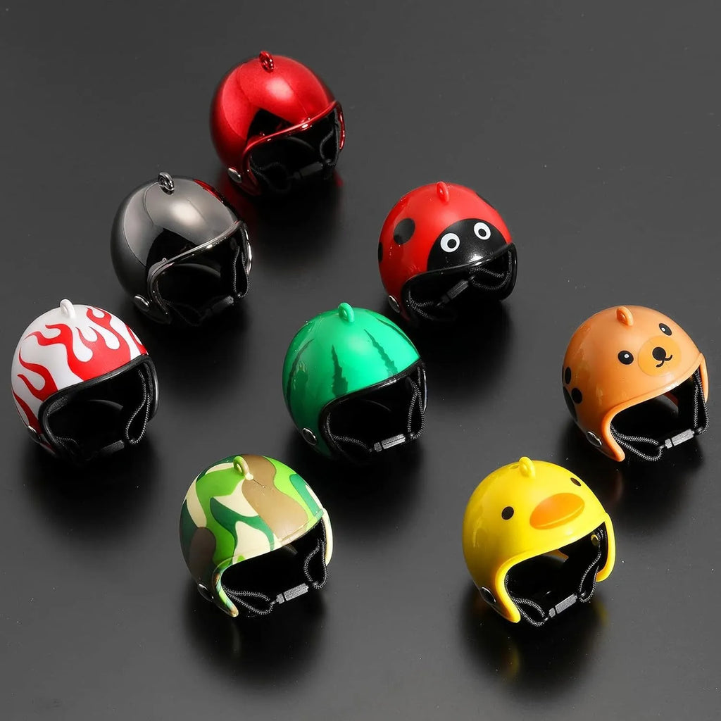 Small hard plastic helmet for a chicken with an elastic band and a soft interior sponge lining.