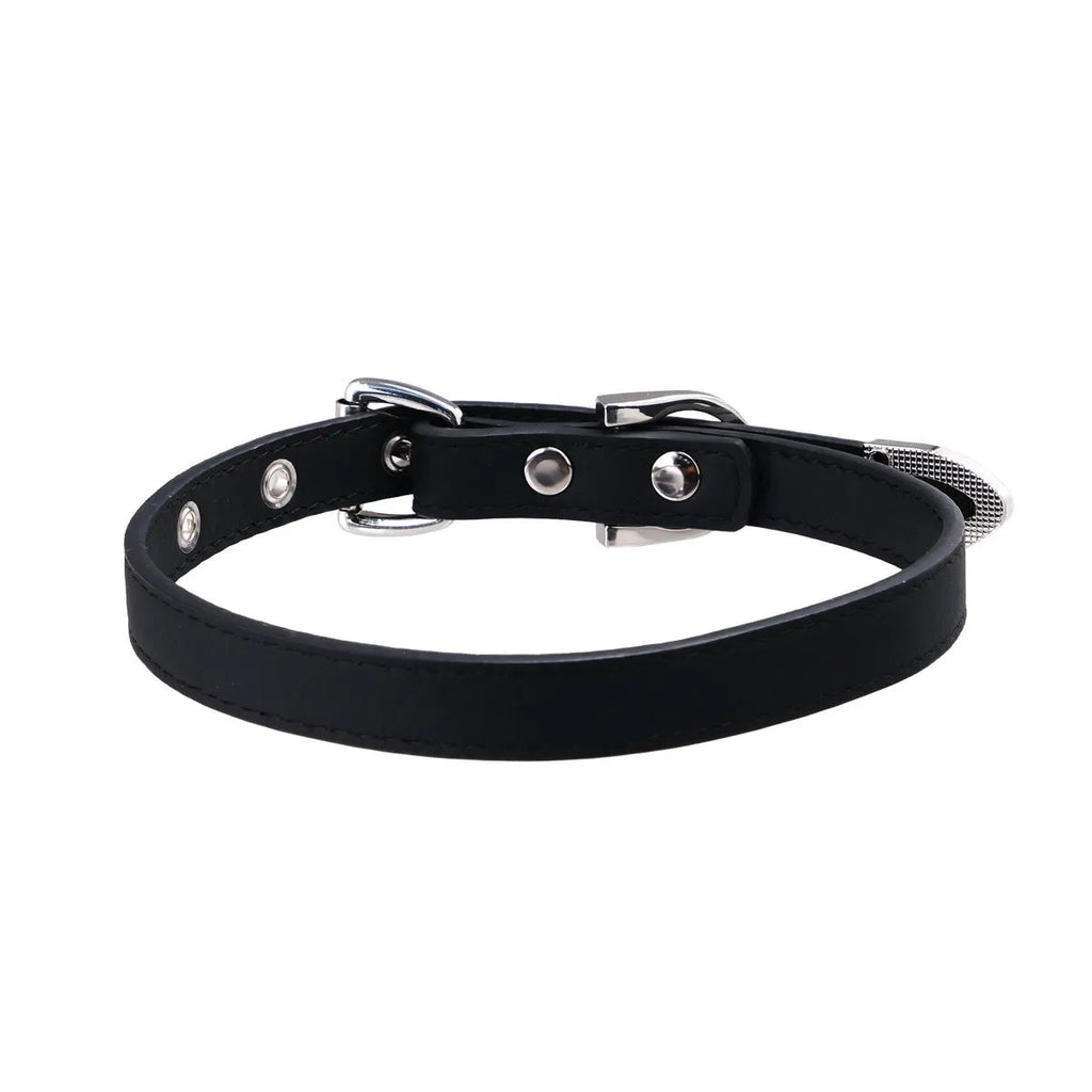 Black genuine leather subculture collar with alloy geometric pendant on dark background