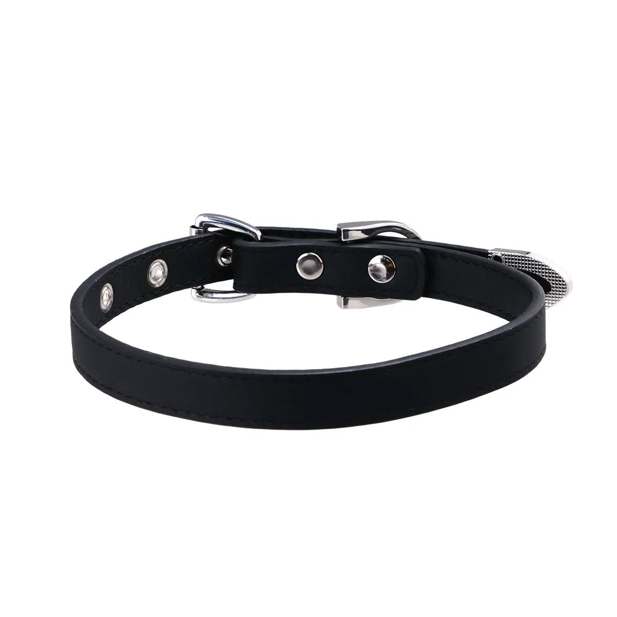 Black genuine leather subculture collar with alloy geometric pendant on dark background
