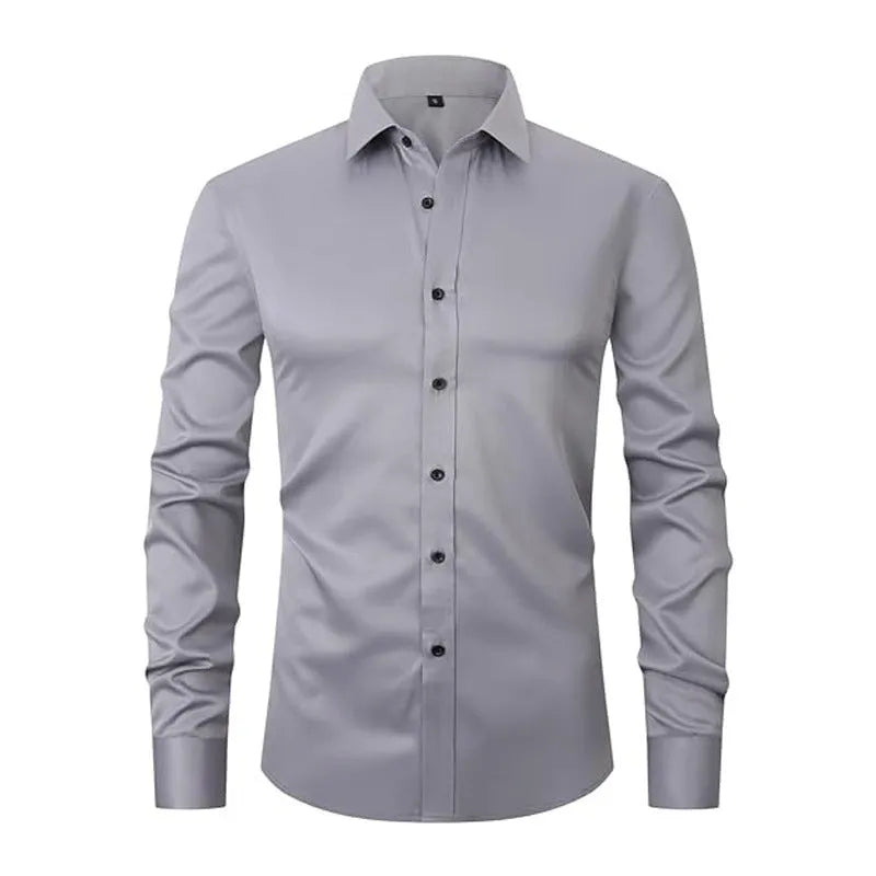 Men's blue stretch long sleeve work shirt made from polyester fabric on a hanger.