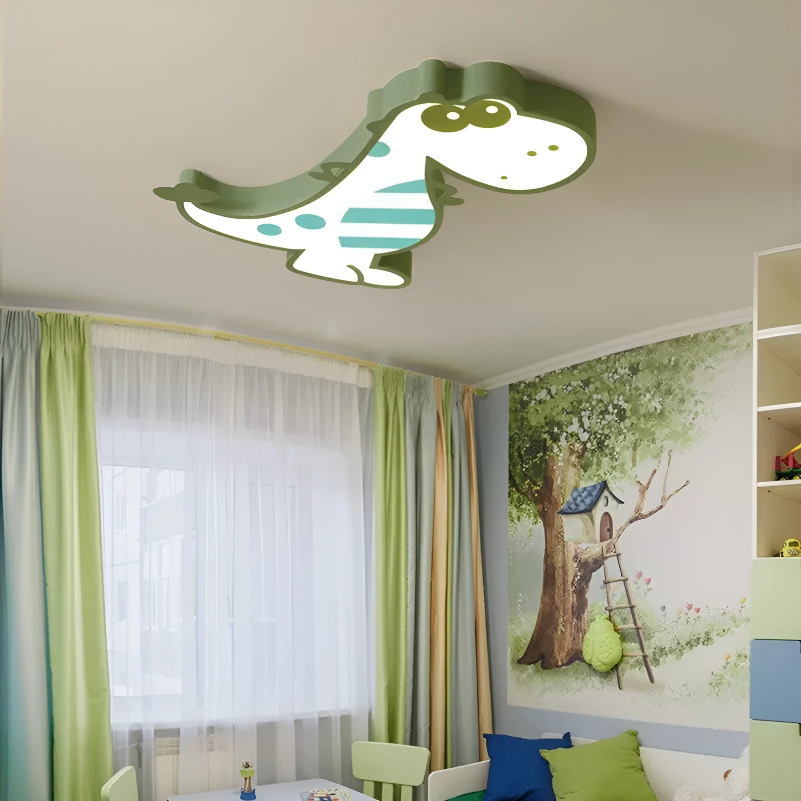 Cartoon dinosaur design ceiling light with a white PVC shade and aluminium fixture, 48 cm in diameter.