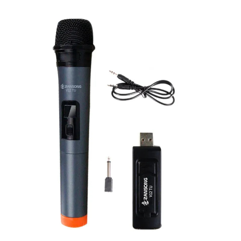 Black dynamic handheld microphone with USB receiver and audio cable for stage and home use