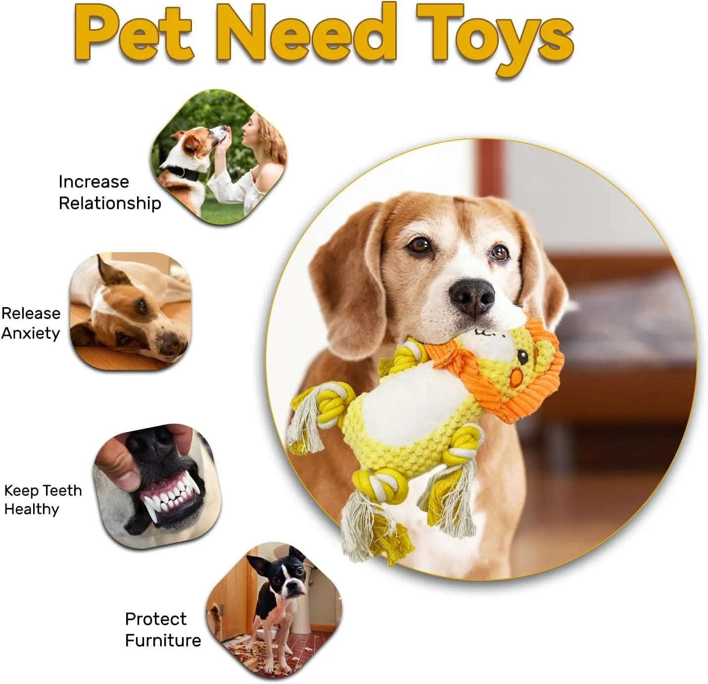 Stuffing-free squeaky plush dog toy bundle showing lion and monkey styles for medium to large dogs