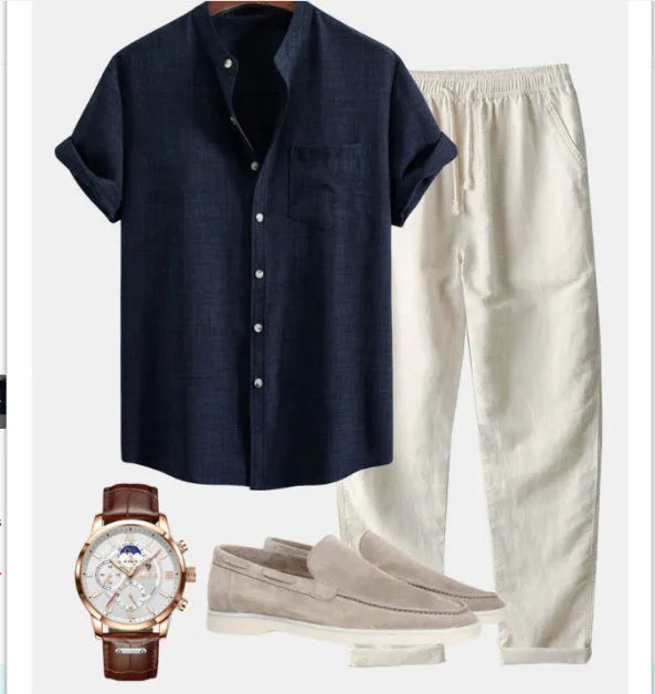 Men's stand collar slim-fit digital print short-sleeved shirt in blue set, with matching trousers, shoes, and watch