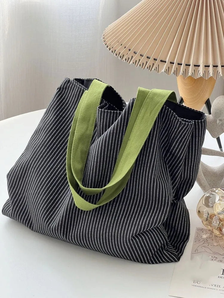 Canvas multi-layer tote bag with shoulder strap, black gray plaid colour, 24cm strap height, cotton thickening fabric