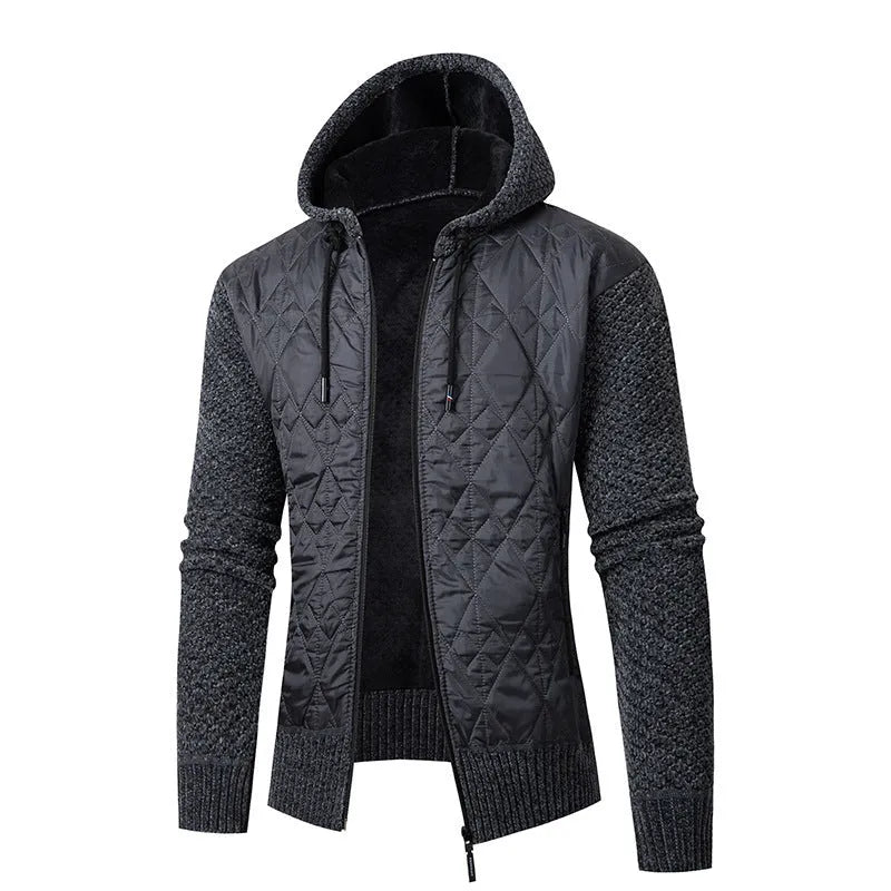 Men's grey wool corduroy hooded sweater coat with cinched waist shown on adult male model
