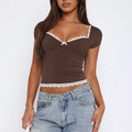 Women's short sleeve polyester top in sweet casual style shown in Army Green colour