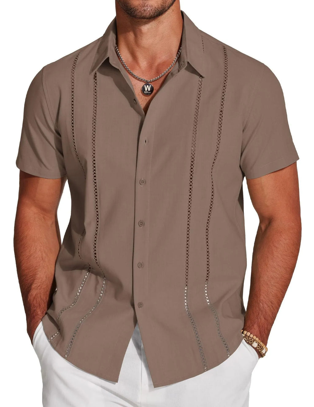 Men's slim fit Hawaiian short sleeve shirt with digital print in colour option R5R9, front view