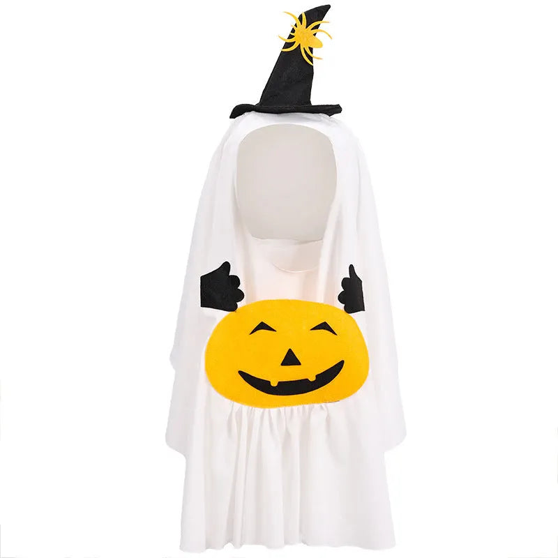 White viscose fibre dog clothes suit with pumpkin ghost design for Halloween, available in sizes S M L