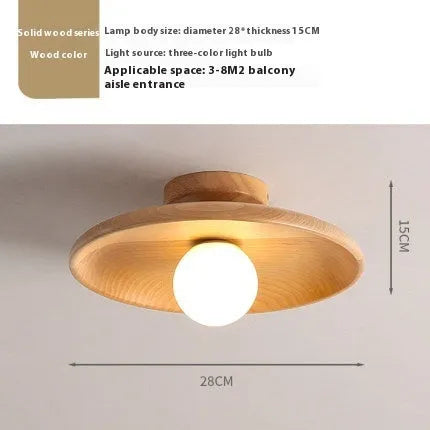 Modern solid wood ceiling lamp with glass shade in light wood and walnut colour finishes.