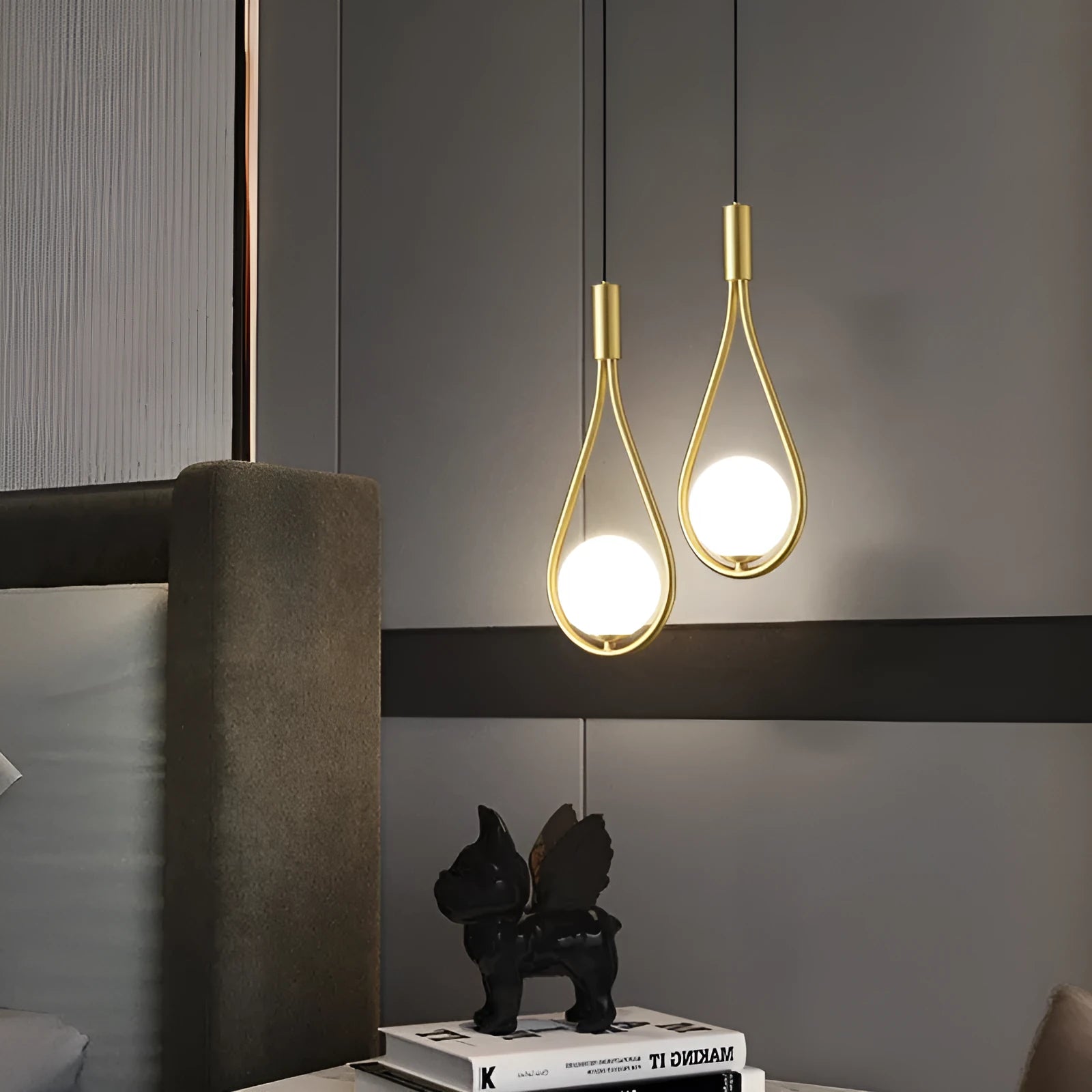 Copper modern minimalist bedroom chandelier ceiling light with choice of three shade colours.