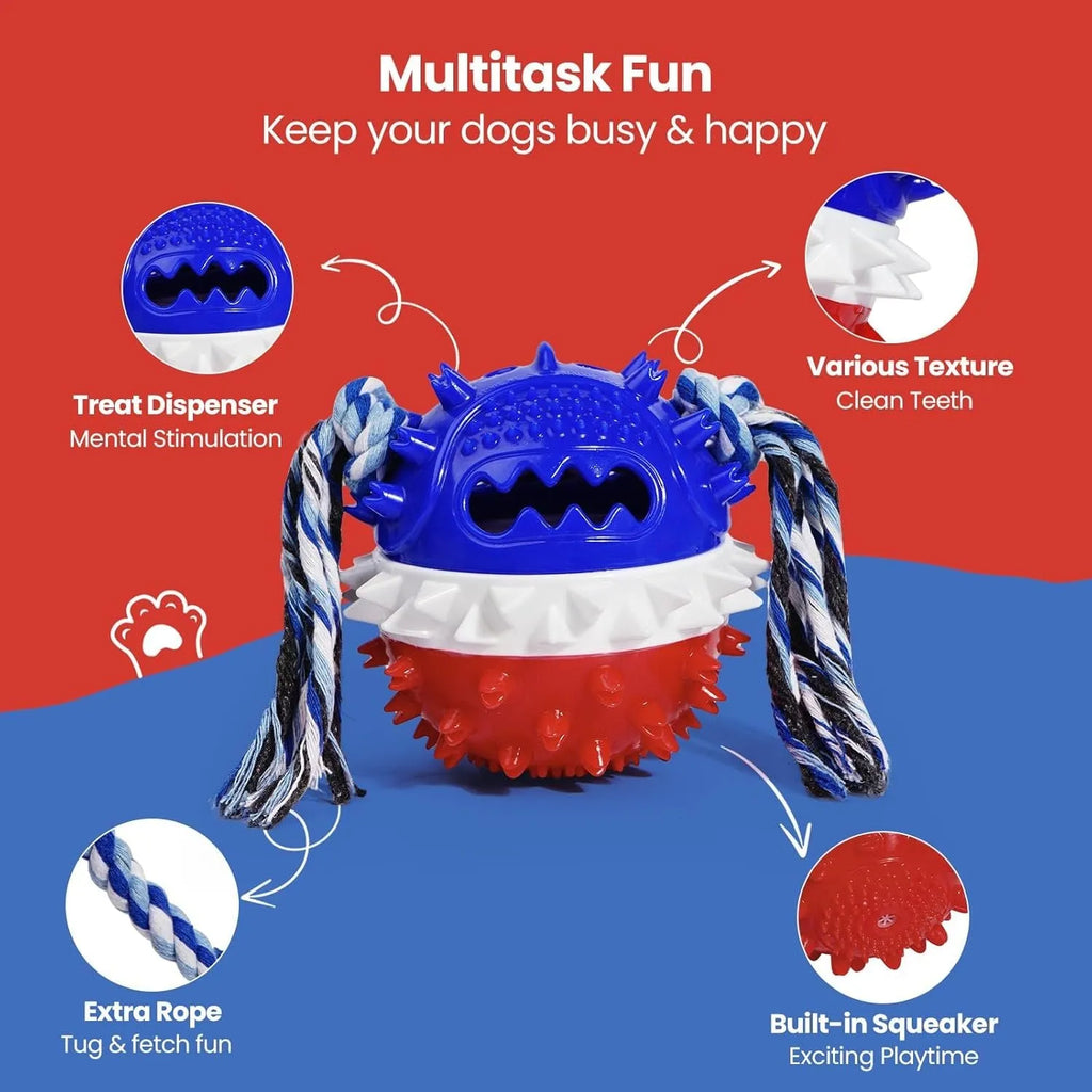 Blue and red TPR rubber dog chew ball with textured bumps and rope ends