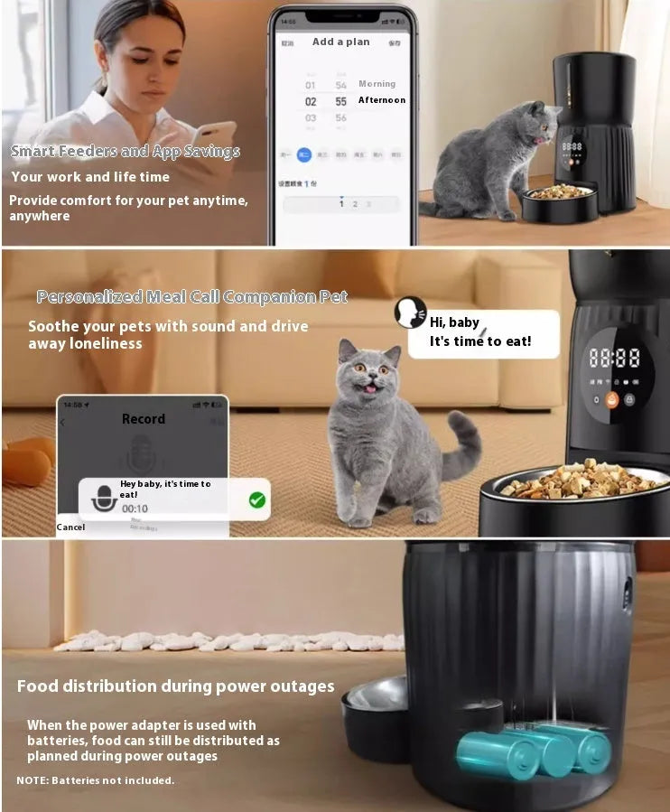 Black and white intelligent pet feeder with USB connection for automatic timed feeding