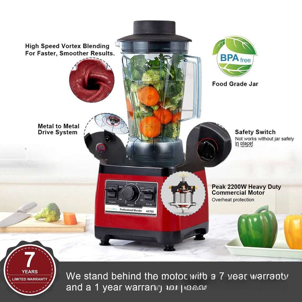 Red commercial blender with 2200W motor and 2-litre capacity jug, industrial style design