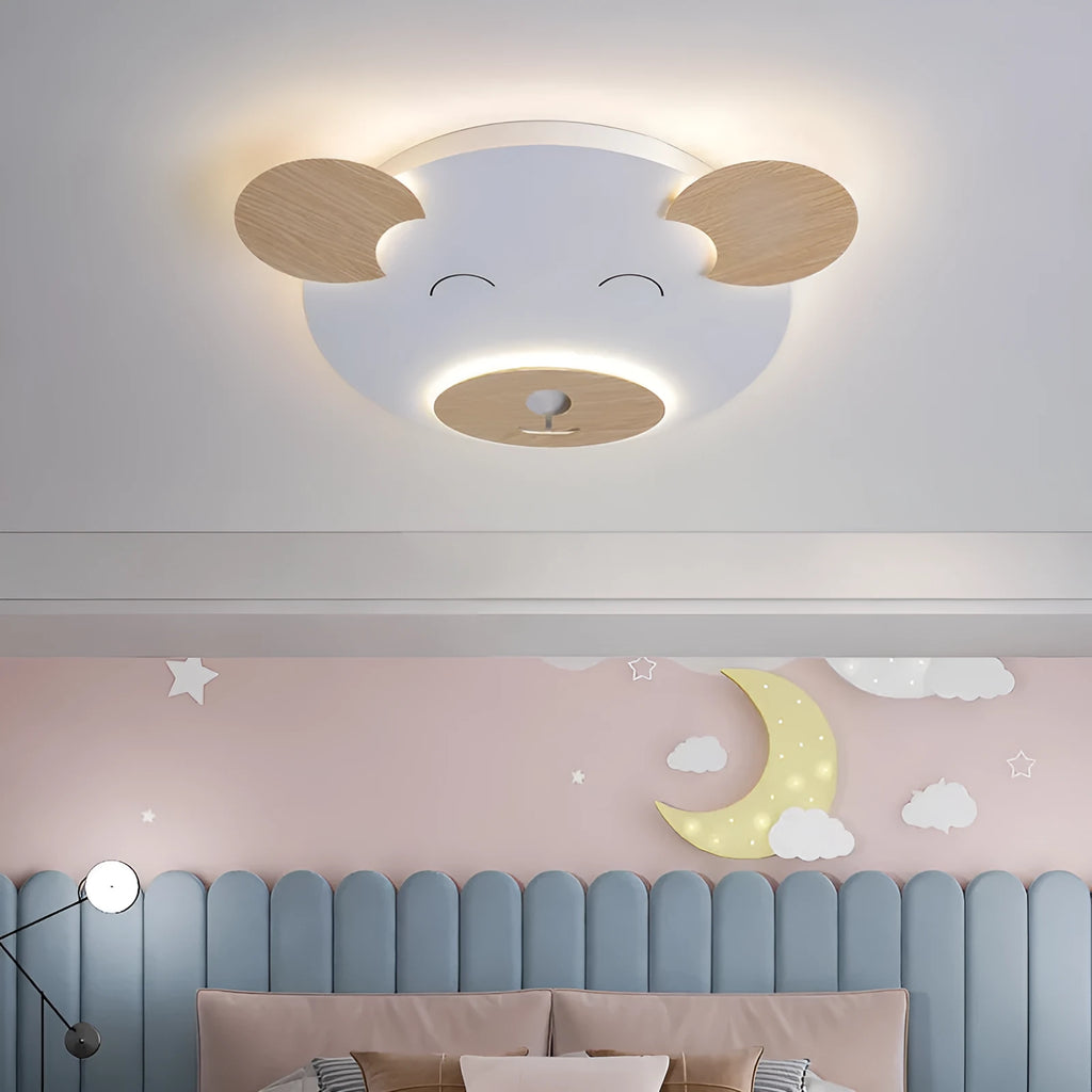 Creative cartoon bear ceiling lamp with PMMA lampshade, wrought iron mount, and wood grain finish, large size 54x46x4cm