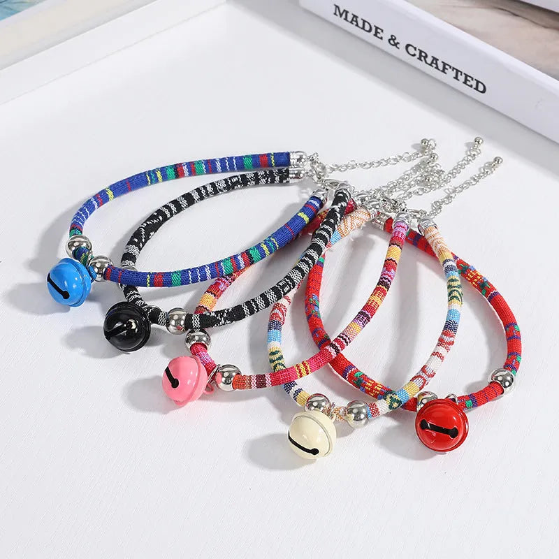 Ethnic style woven pet collar with bell in multiple colours for cats and small dogs