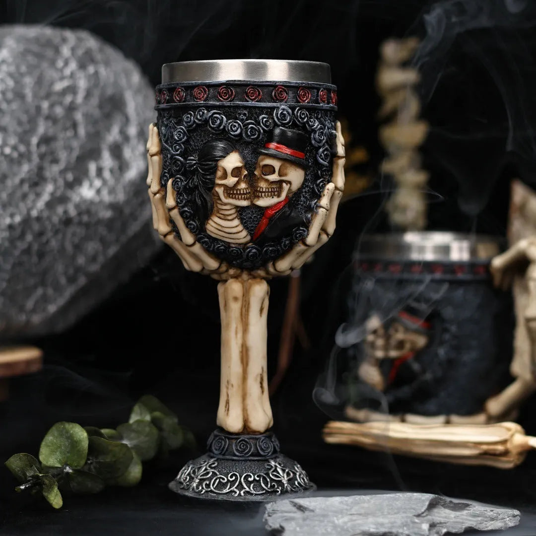 Stainless steel couple skeleton goblet wine glass with retro skull design in 200ml size