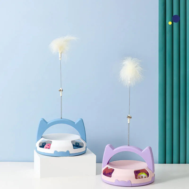 Cat toy bite resistant stick with spinning ball in blue, purple, yellow, and blue pink colours