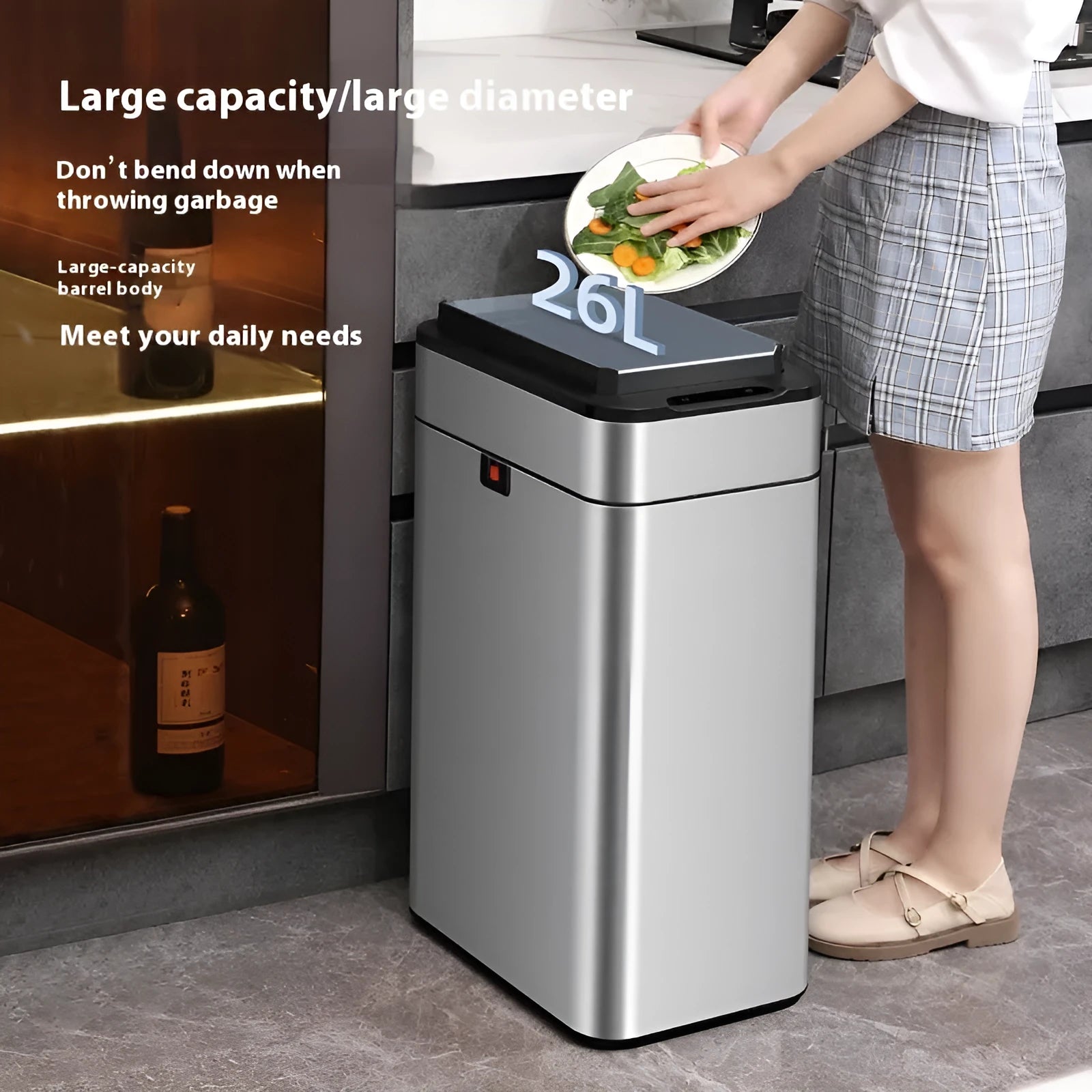 Stainless steel square smart trash can with inductive sensor and deodorising function.