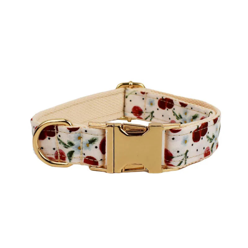 Red cherry printed dog collar and leash five-piece set with light gold buckle and bow strap