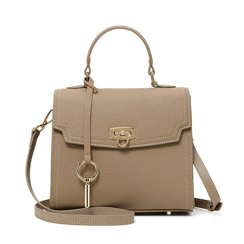 Elephant grey genuine leather vintage lock crossbody handbag with litchi pattern and file compartment