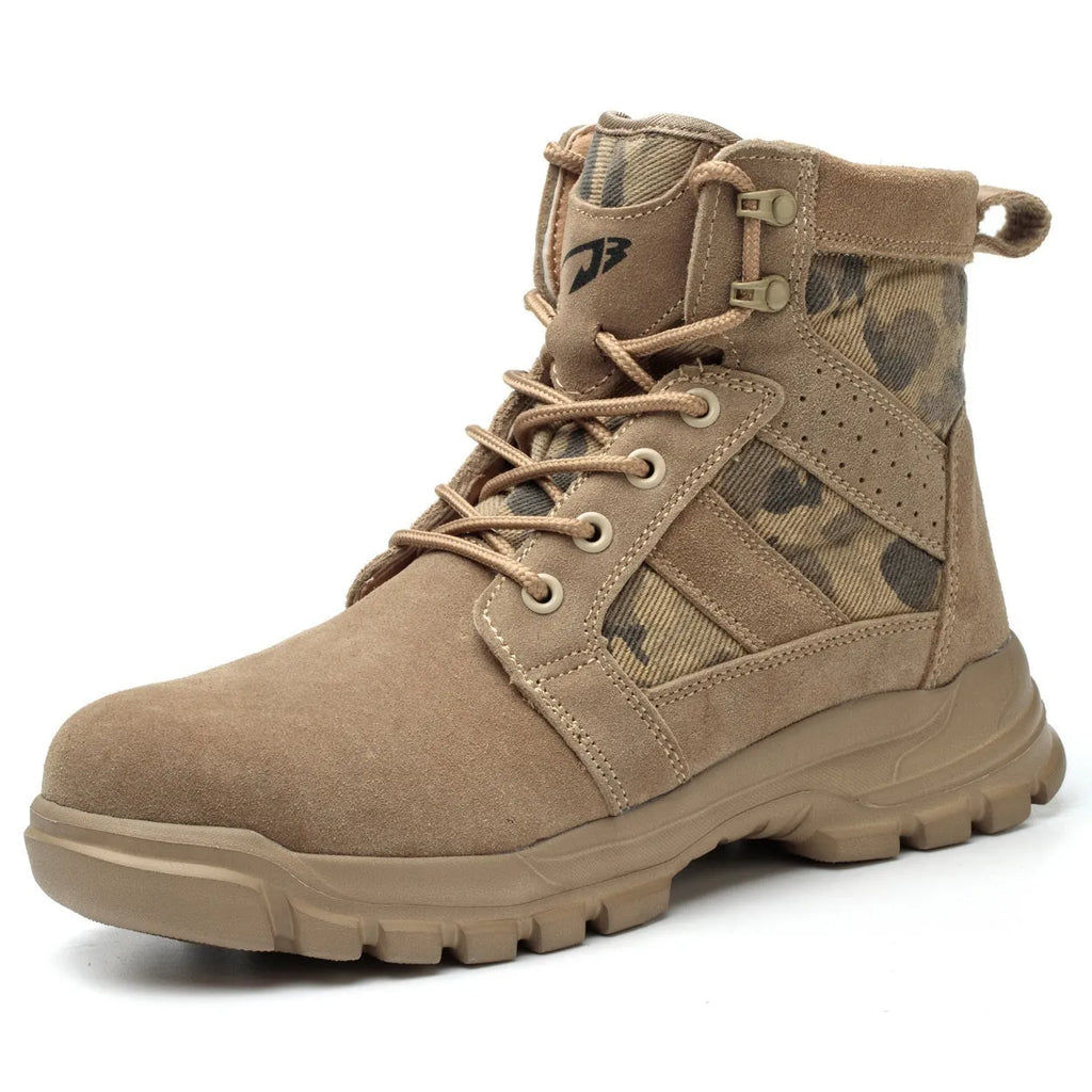 Khaki steel toe cap combat safety boots with suede upper and front lace-up closure