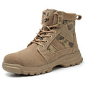 Khaki steel toe cap combat safety boots with suede upper and front lace-up closure