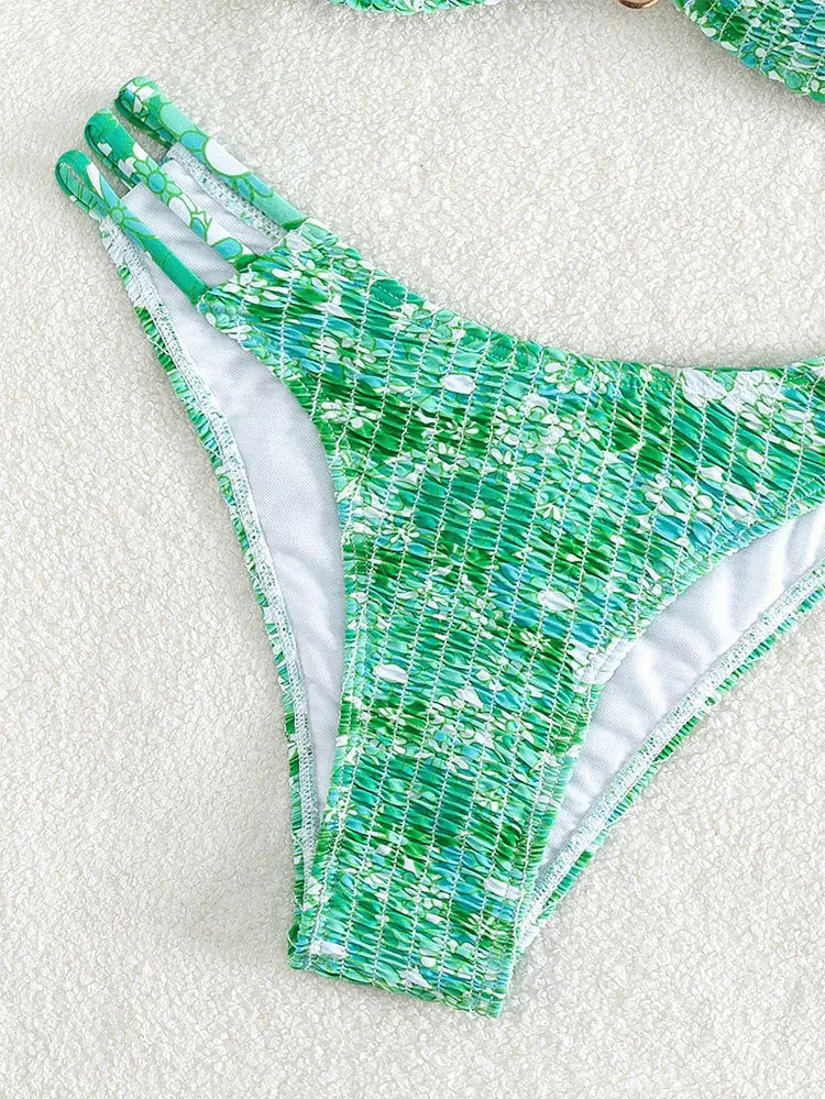 Women's floral high-waist bikini swimsuit in orange, blue, and rose red colours