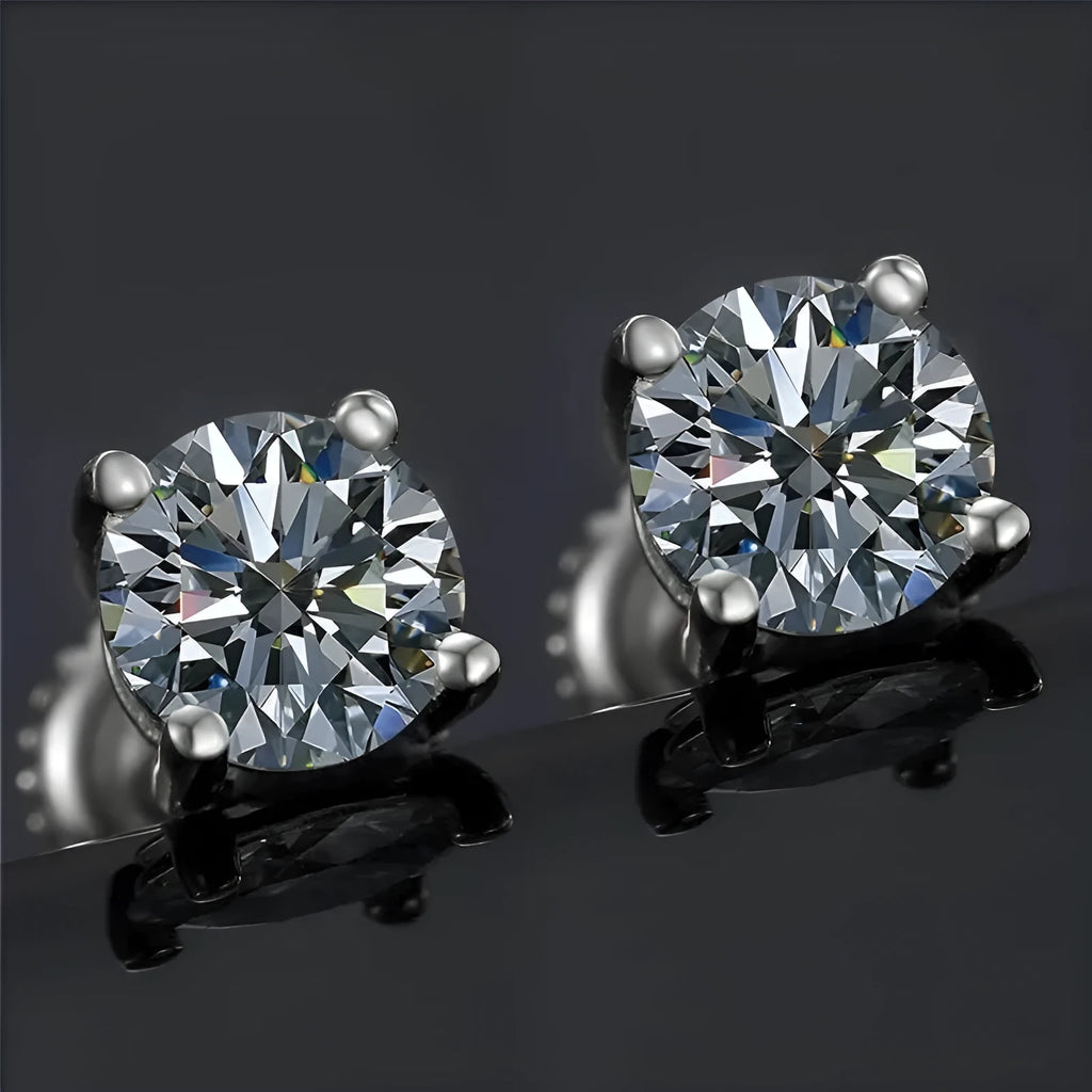 Geometric silver moissanite stud earrings with screw four claw setting, shown with certificate and black card.