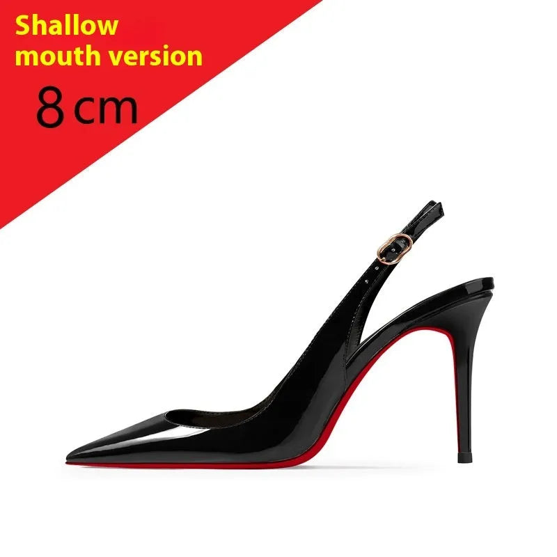 Women's black stiletto heel sandals with ankle-strap buckle, pointed toe, and 10cm heel on a black background