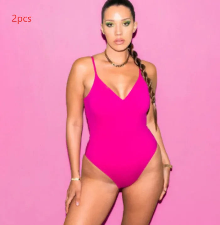 Women's backless string one-piece swimsuit in solid colour triangle style with polyester fabric, size XS to 3XL, 2 piece set