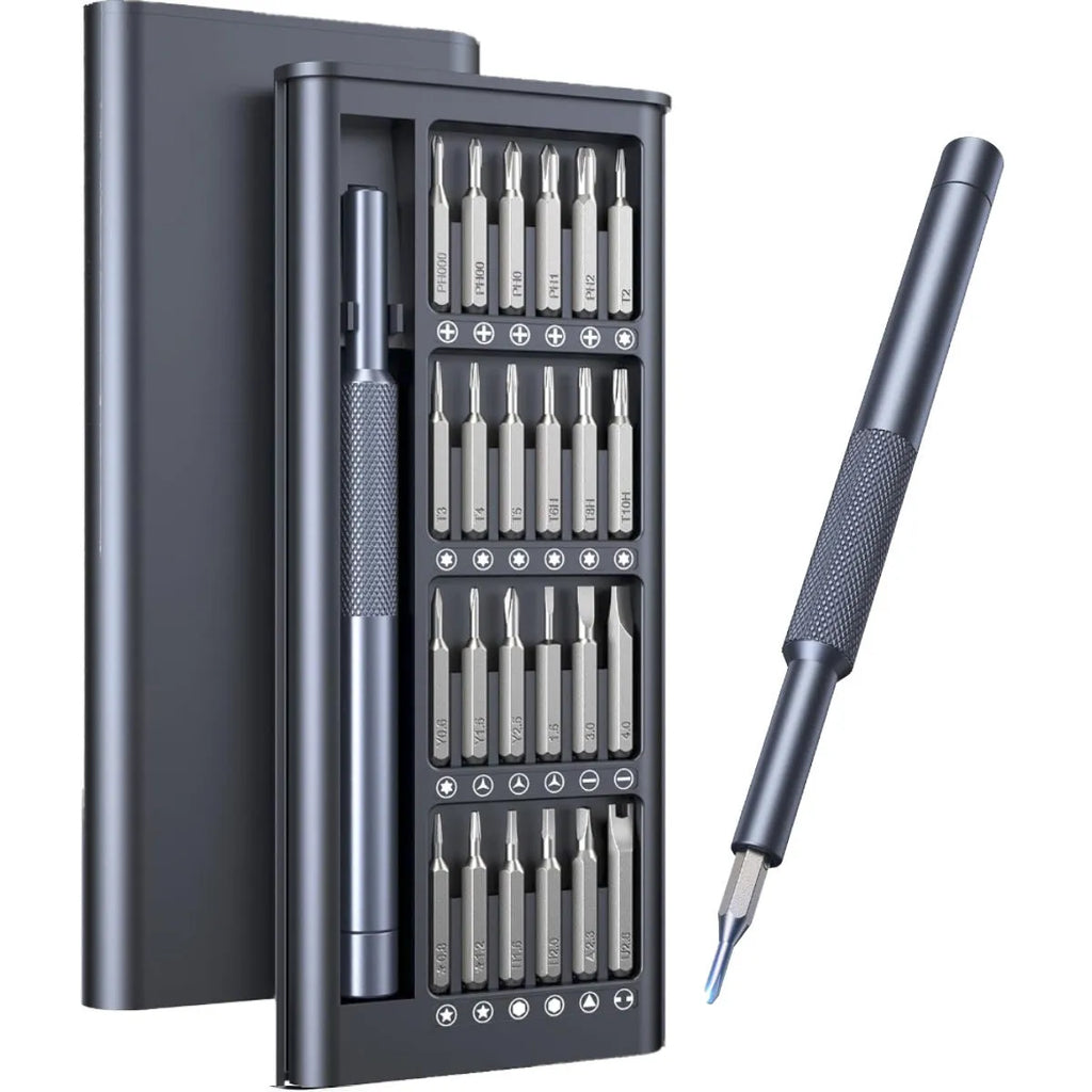 25-in-one magnetic precision screwdriver set with chrome vanadium steel bits and knurled ABS handle.