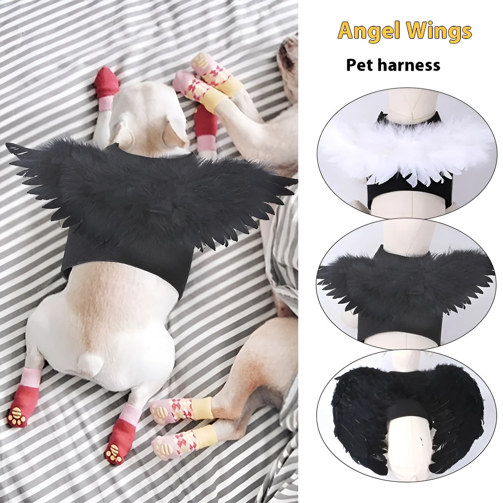Halloween angel wings dog costume in felt cloth with chest-back harness, black colour, side view