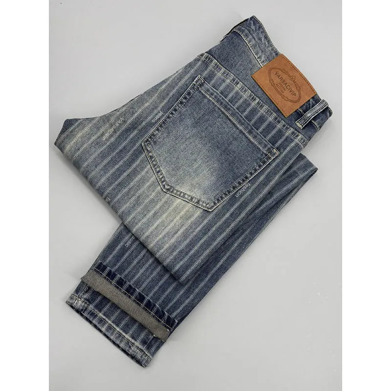 Men's striped cropped jeans slim fit retro denim trousers with zipper fly straight leg ankle length