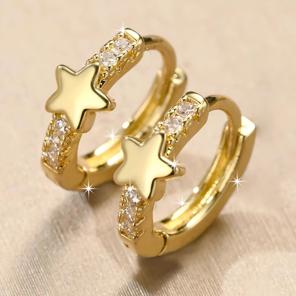 Gold copper geometric five-pointed star earrings with inlaid zircon for women
