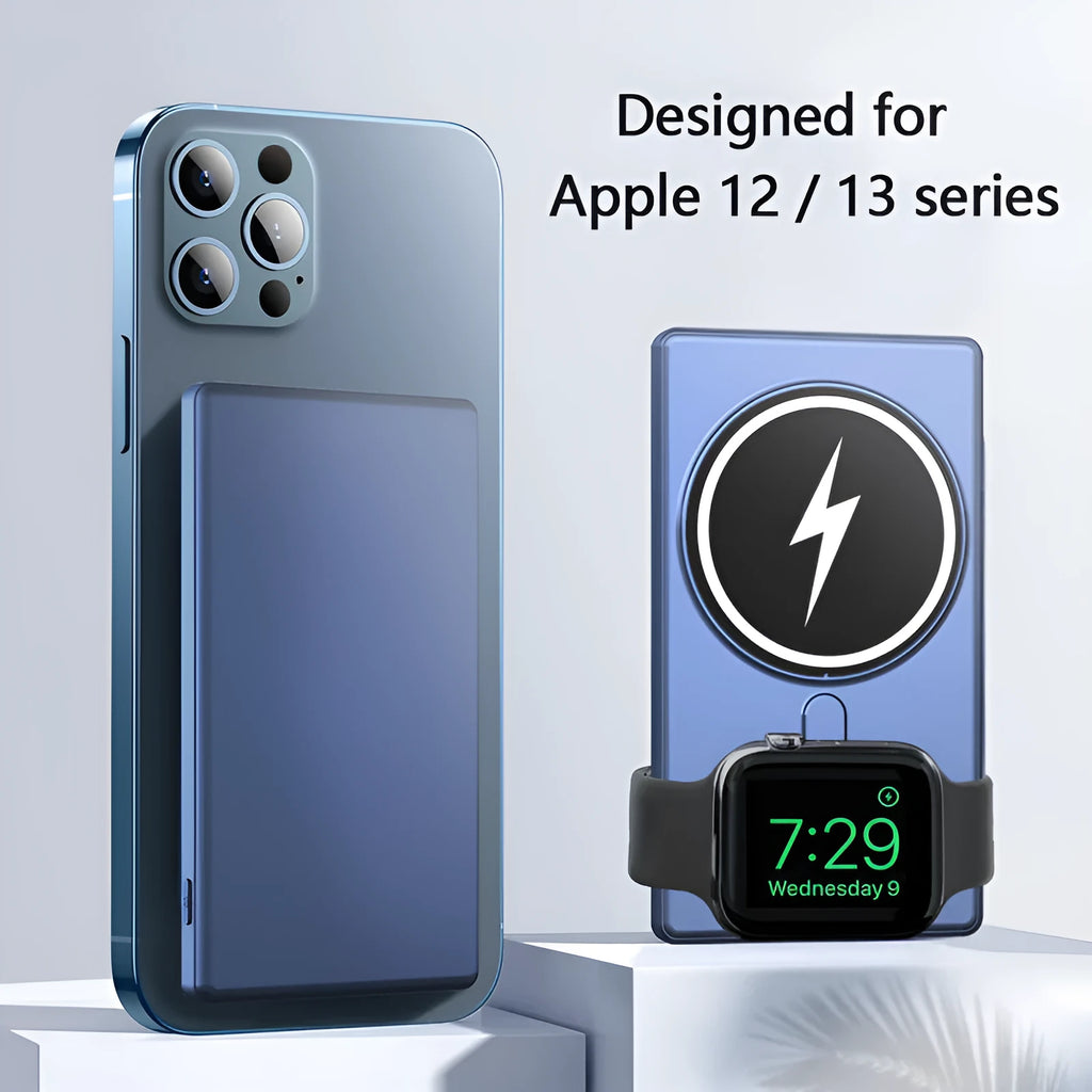 Three-in-one magnetic wireless charging power bank 5000mAh PVC ultra-thin black blue