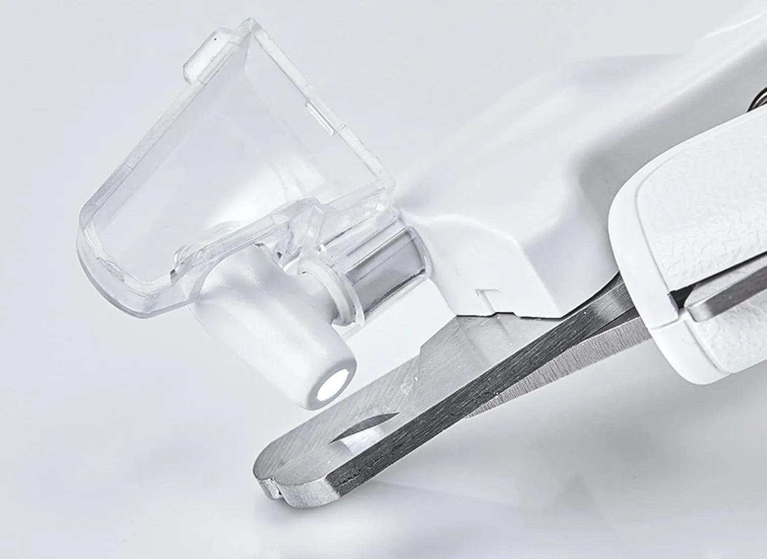 White pet nail clippers with LED light, triangular blade, and transparent anti-splash guard