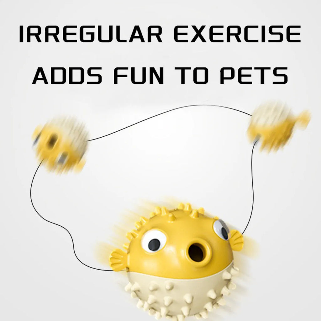 Yellow fish-shaped vinyl dog chew toy with textured surface and squeaker inside.