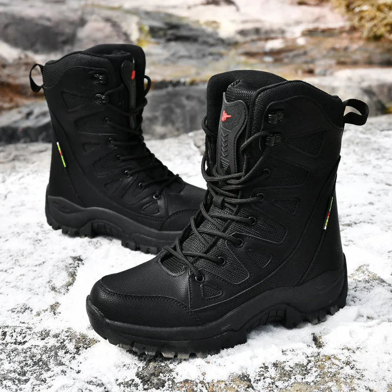 Genuine cowhide leather hi-top hiking shoes in beige colour for outdoor climbing and running activities