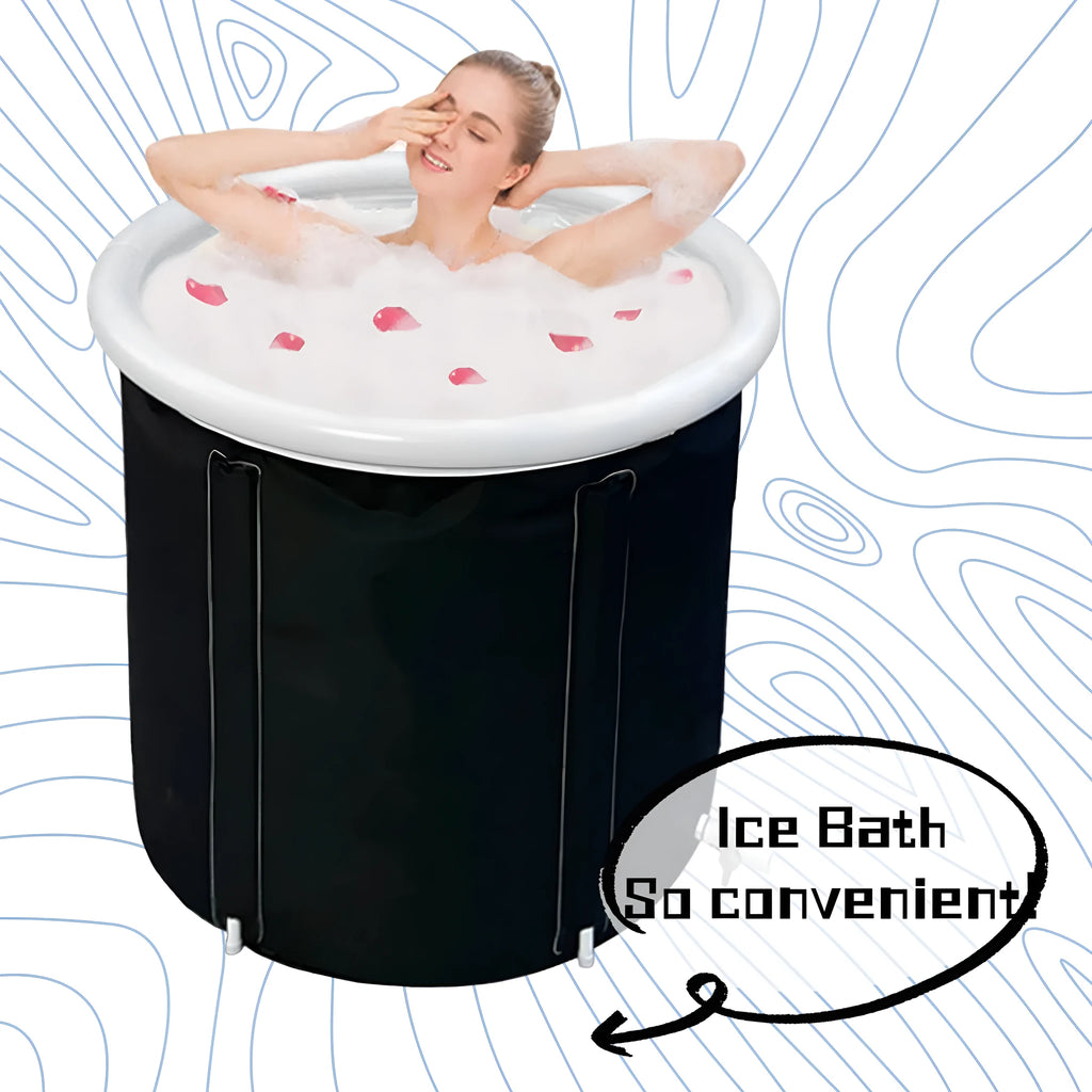 Portable inflatable ice bath in black, size 70x80cm, with weather lid, for outdoor recovery therapy