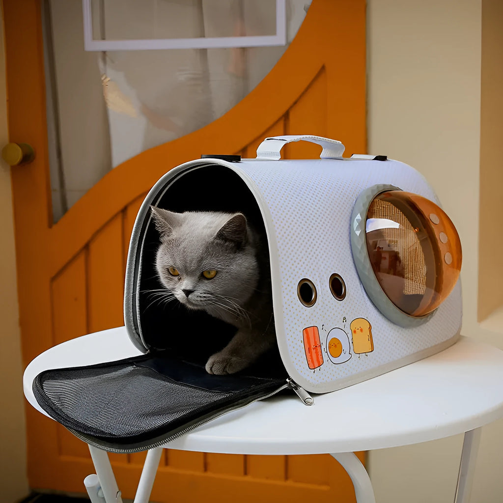 Portable pet carry bag with transparent nylon front, cartoon pattern, for cats up to 12kg