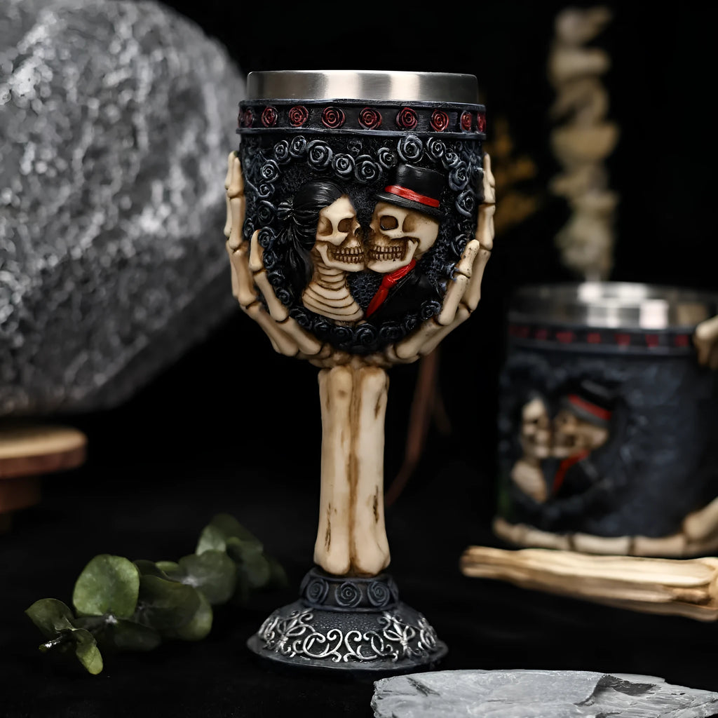 Stainless steel couple skeleton goblet wine glass with retro skull design in 200ml size