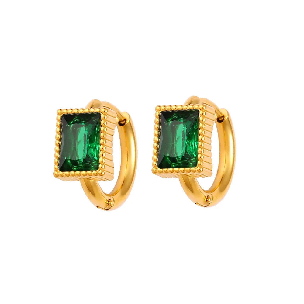 Geometric stainless steel earrings with square zircon and round ring elements in three colour options