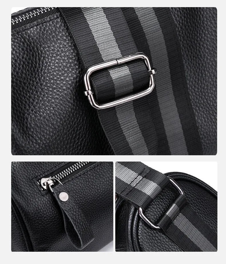 Black genuine leather one-shoulder crossbody bag with large capacity.