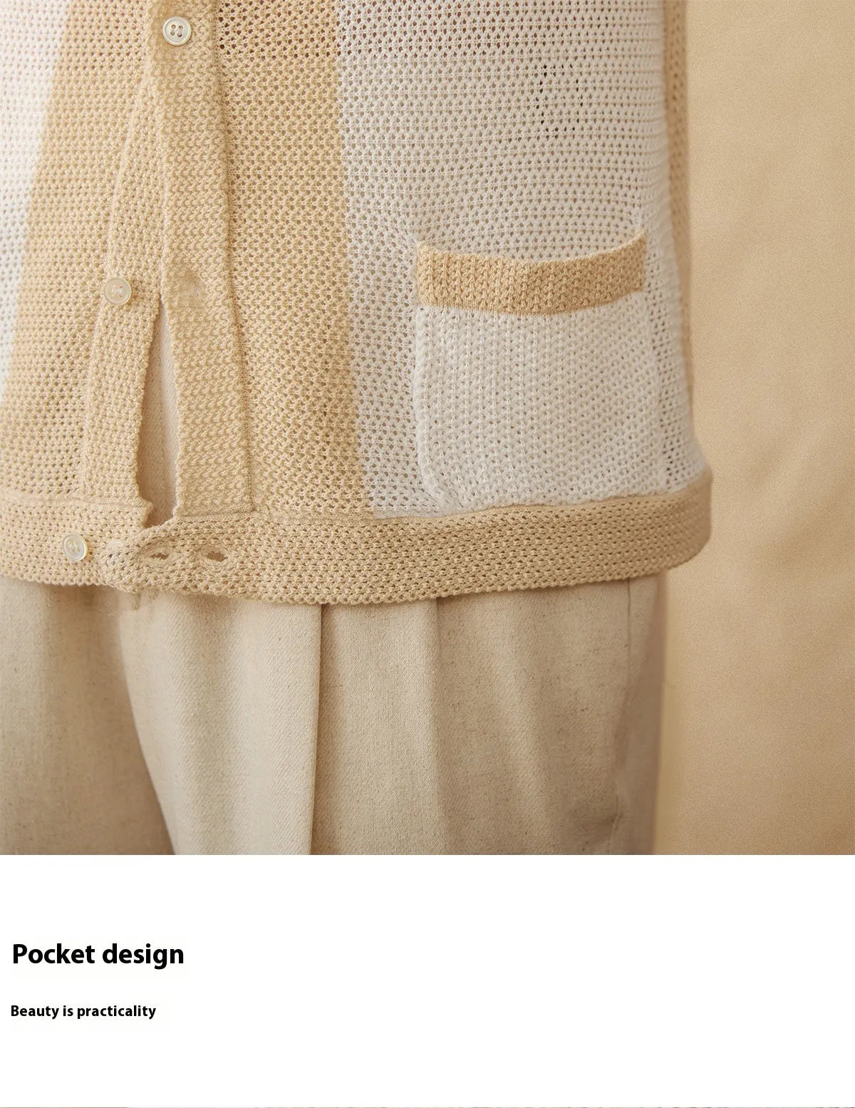 Hollow knit short-sleeve linen cotton lapel cardigan in beige, women's casual top