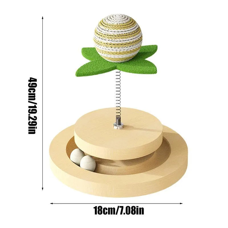 Green cat toy with sisal scratching pad, ball track, and spring ball for indoor kittens