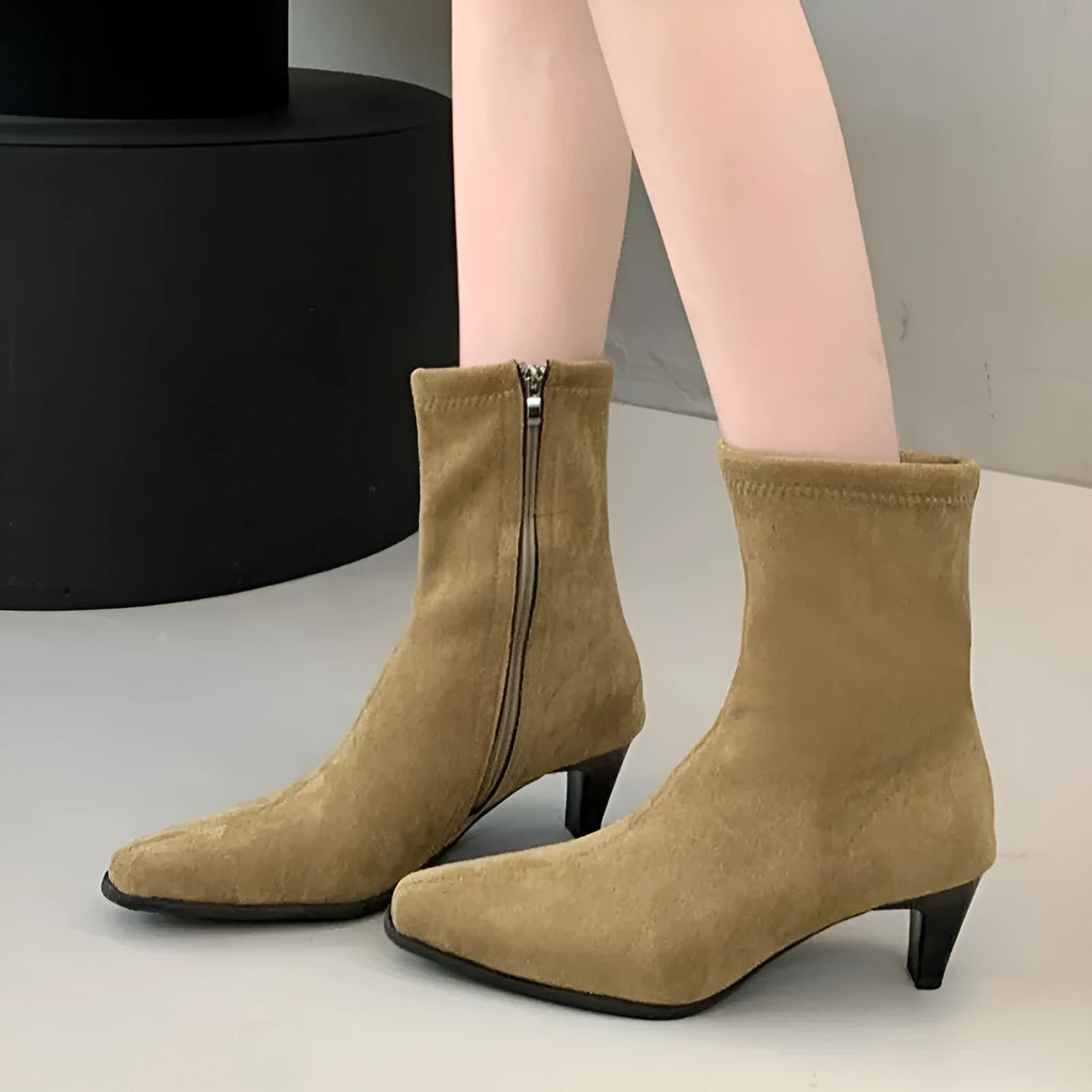 Brown square toe mid heel boots with side zipper and waterproof platform sole