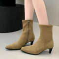 Brown square toe mid heel boots with side zipper and waterproof platform sole